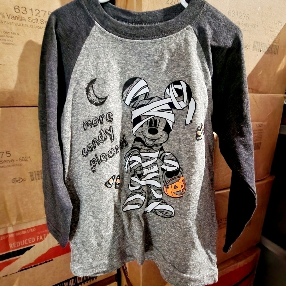 Disney Gray Black Raglan Mummy Mickey Mouse Long Sleeve Tee 'More Candy Please'